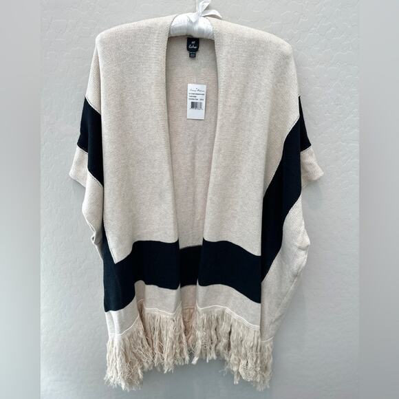 TOMMY BAHAMA | Stripe Fringed Wrap Shawl Tan Black Boho Cotton Cape | One Size - Picture 1 of 8